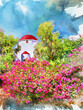 Beautiful flower garden beside the pathway and view of traditional white church with red dome in evening summer time on the island Mykonos, Cyclades, Santorini, Greece. - watercolor painting