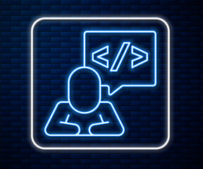 Glowing neon line Web design and front end development icon isolated on brick wall background. Vector