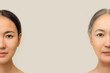 the two halves of the face of a young and old Asian woman before after on a gray background copy the space. the concept of the human skin aging process