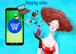 Oil painting style of cartoon character happy woman in red dress holding cradit card and cosmetics shopping online on smartphone. Concept of online shopping business.