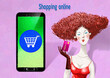 Oil painting style of cartoon character happy woman in red dress holding cradit card shopping online on smartphone. Concept of online shopping business.