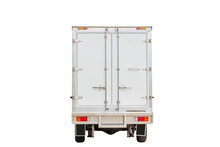 Rearview White Delivery Van With Clipping Path On White Background, Cargo Van Delivery Truck Vehicle Template Mockup