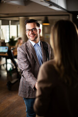 Wall Mural - Businesswoman and businessman discussing work in office. Two friends handshake in office..