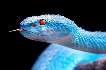 Wall Mural - exotic blue insularis viper venomous snake isolated close up in dark black background