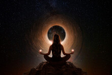 Woman With Yoga Pose In Front Of The Universe
