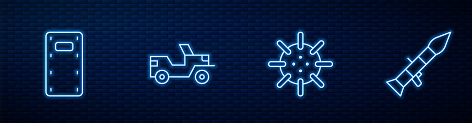 Set line Naval mine, Military assault shield, jeep and Rocket launcher. Glowing neon icon on brick wall. Vector