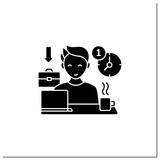 Fototapeta Dinusie - Workaholic glyph icon.First arrive at work. Enjoy job. Be on time. Man at laptop. Hard working.Overworking concept.Filled flat sign. Isolated silhouette vector illustration