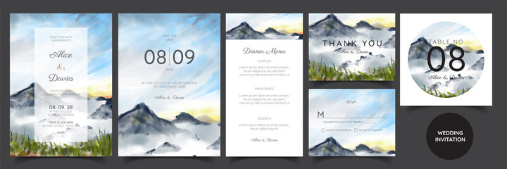 Wall Mural - wedding invitation with mountain view watercolor background