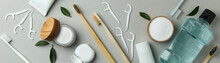 Oral Care Accessories On Gray Background, Top View