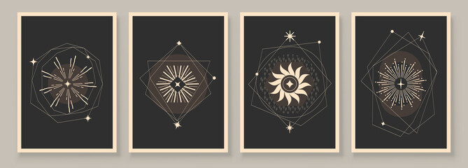 Wall Mural - Abstract contemporary art with celestial geometry shapes. Esoteric mystical celestial stars sacred wall art. Wall decor painting. Minimalistic background design. Vector illustration.