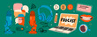 © Dariia - Headphones, microphone, laptop, equalizer, speech bubbles. Podcast recording and listening, broadcasting, online radio, audio streaming service Concept. Hand drawn Vector set. Isolated elements