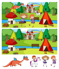 Poster - Set of different horizontal scenes background with doodle kids cartoon character