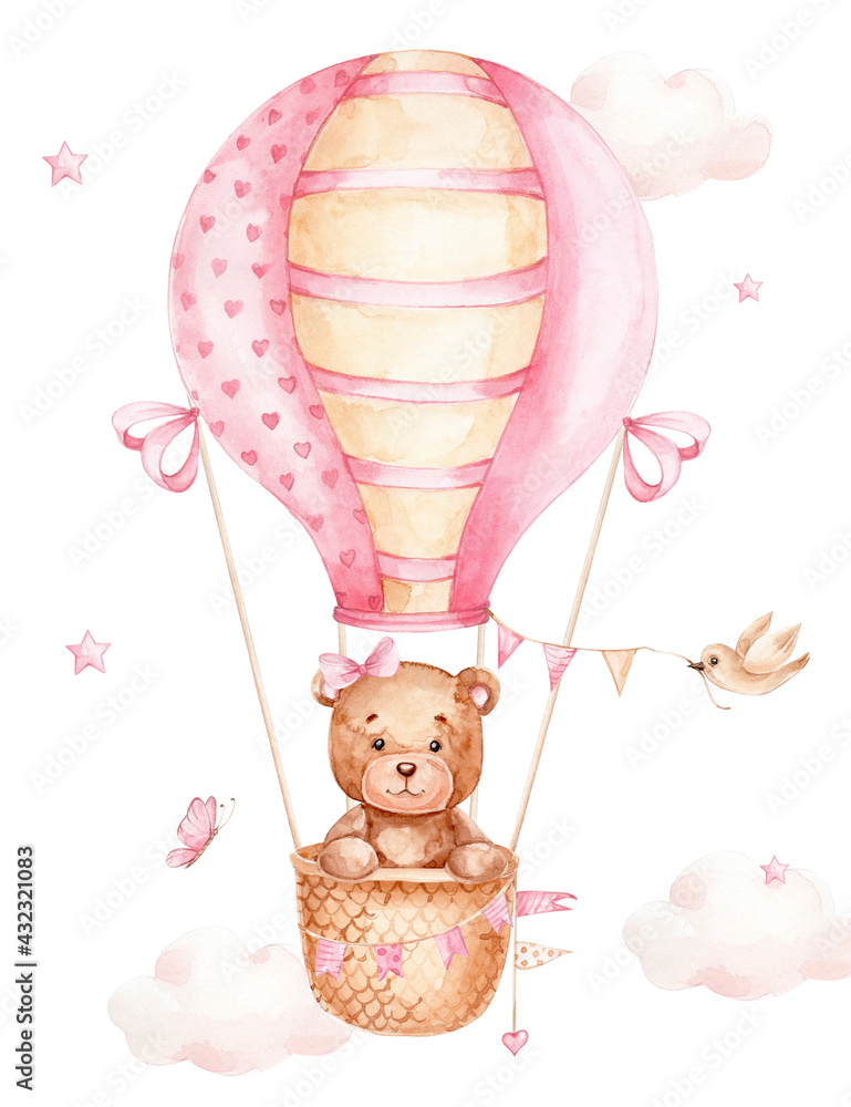 Teddy bear girl flying on pink air balloon; watercolor hand drawn illustration; can be used for kid poster or baby shower; with white isolated background - obrazy, fototapety, plakaty 