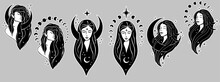 Beautiful Females With Moon. Moon Goddess Hand Drawn Illustrations. Bohemian Goddess. Magic Girl, Witch With The Moon, Tarot Cards, Occult Symbol, Moon Phases.