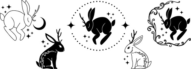 Set of magic illustrations, mystic animals, hare rabbit, moon and stars. Modern witchcraft, Boho abstract tattoo, card, poster with witch symbols