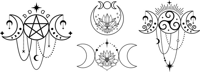 Wall Mural - Triple moon with lotus and moon phases. Witchy tatoo logo design set. Mystic boho logo, design elements with moon, stars