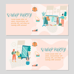 Swap party concept. Eco friendly party, exchange clothes, shoes and accessories. Vector illustration for banner, poster, layout,flyer, invitation, advert