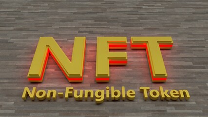 Golden NFT Crypto Art currency concept. Non Fungible Token with red light on abstract background. 3d Rendering. 