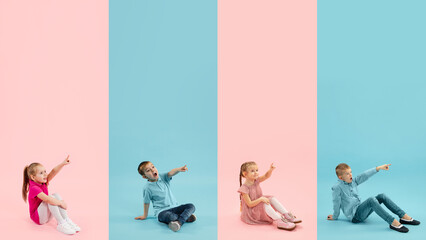 Group of elementary school kids in colorful casual clothes isolated on bicolored studio background. Creative collage