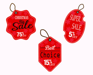 Christmas hanging sale tags and shopping labels Vector set in red color with different shapes and greetings and discount text for Christmas holiday marketing Promotions. Vector illustration.