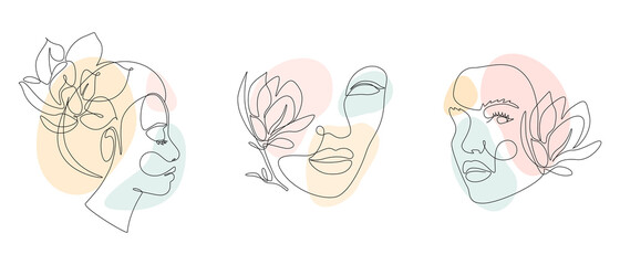 Wall Mural - Set of Woman Faces and flowers in one Line drawing style. Vector Portrait of female with magnolia blossom. For Beauty concept, print, postcard, wall poster, covers, stories, cards, flyers, banners