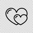 Two crossed hearts, wedding or marriage. Black editable linear symbol on transparent background