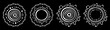 Set of stylized suns. Australian art. Aboriginal painting style. Smooth round white shapes, circles isolated on black background. Doodle sketch style. Vector monochrome illustration.