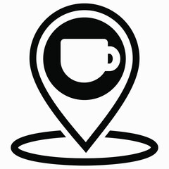 Location of the cafe. GPS and cup. Point on the recreation map. Restaurant icon. Vector icon.