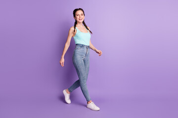 Poster - Full body profile photo of funky brown hair lady go wear blue top jeans isolated on purple color background