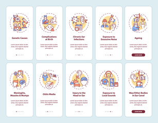 Wall Mural - hearing loss factors onboarding mobile app page screen with concepts set. ageing, injury walkthrough