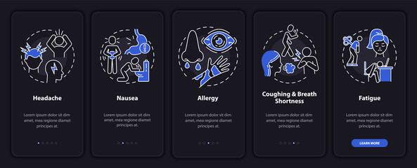 Air pollution disease onboarding mobile app page screen with concepts. Migraine, allergy walkthrough 5 steps graphic instructions. UI, UX, GUI vector template with linear night mode illustrations