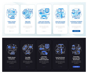 Wall Mural - Digital inclusion measures onboarding mobile app page screen with concept. Computer walkthrough 5 steps graphic instructions. UI, UX, GUI vector template with linear dark and light theme illustrations