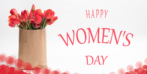 Beautiful long horizontal banner greeting card with tulips with the inscription Happy Women's Day. 8 March.