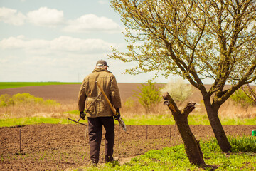 Wall Mural - senior farmer walking at spring farmland with shovel and rakes