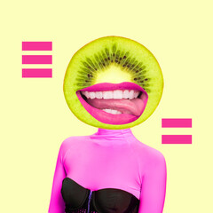 Wall Mural - Contemporary art collage, modern design. Summer mood. Juicy kiwi with female mouthes and body on yellow