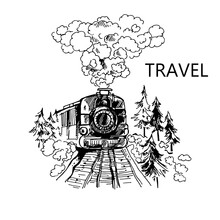 Hand Drawn Sketch Style Steam Locomotive Moving Through The Forest Along The Rails. Vector Illustration Isolated On The White Background.