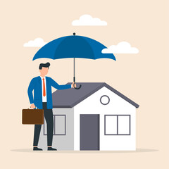 Wall Mural - Man holds an umbrella over the house, around the clouds. House insurance concept.