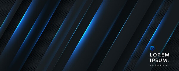 Wall Mural - Black gradient background with dynamic diagonal glowing blue stripe lines and dark metal texture. Modern futuristic template banner design. Abstract background concept. EPS10 vector.
