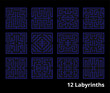 Set of 12 mazes for video games. Vintage 2D retro labyrinths with coins for a man. Vector