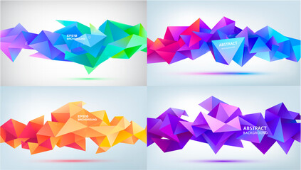 Poster - Vector set abstract geometric 3d facet shapes isolated. Use for banners, web, brochure, ad, poster, etc. Low poly modern style background. Purple, blue, orange