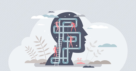 Wall Mural - Psychology mental health study or brain problem therapy tiny person concept. Emotional mind treatment or solve complexity feeling vector illustration. Patient depression and confusion trouble research