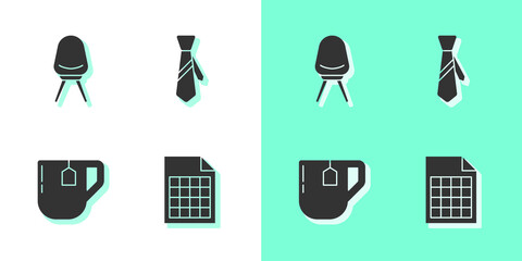 Sticker - Set File document, Office chair, Cup of tea with tea bag and Tie icon. Vector