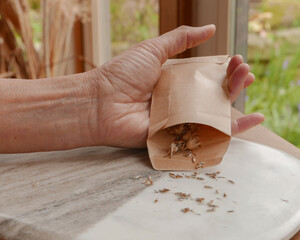 ladies hand emptying a packet of wild flower seeds onto a marble board