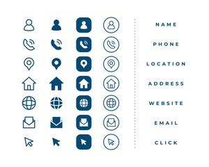 business card icons set for contact information