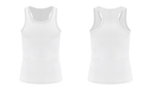 Men's White Tank Top Mockup In Front And Back Views. Clothe Template. Sleeveless T-shirt. Realistic Vector Illustration Isolated On White Background
