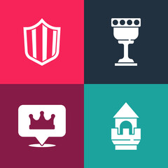 Canvas Print - Set pop art Castle tower, Location king crown, Medieval goblet and Shield icon. Vector