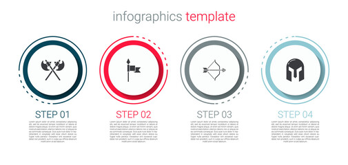 Wall Mural - Set Crossed medieval axes, Medieval spear, bow and arrow and iron helmet. Business infographic template. Vector