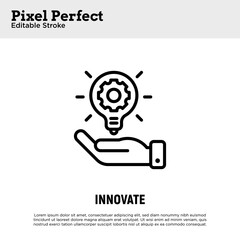 Innovation: lightbulb with cogwheel in human hand. Thin line icon. Pixel perfect, editable stroke. Vector illustration.