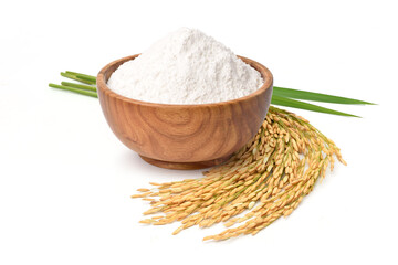 White rice flour in wooden bowl with rice ears isolated on white background.