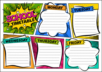 Comic template of a school schedule for 5 days of the week. Cartoon Blank for a list of school subjects. Retro timetable. Vector illustration in popart styles.